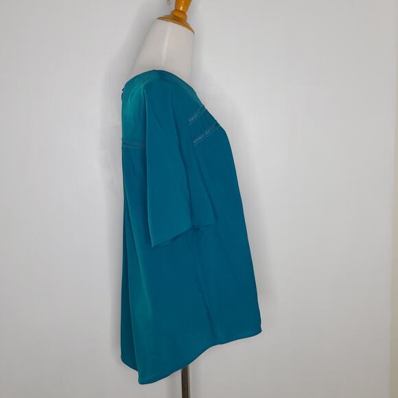 NEW Soft Surroundings Teal Blouse Ladder Stitching Short Sleeve Women Small P - Picture 2 of 10